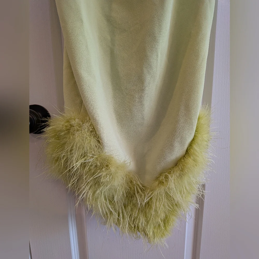 HOUSE OF CB Alessia Asymmetric Feather Trim Midi Dress in Lime Green Size M - Picture 7 of 16